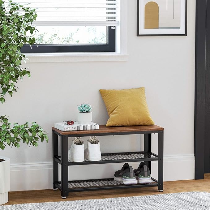 VASAGLE 3-Tier Shoe Rack, Shelf Storage Bench with Metal Mesh Shelves and Seat, Free Standing Shoe Organizer for Entryway, 11.8 x 28.7 x 17.7 Inches, Hazelnut Brown and Black ULBS073B03