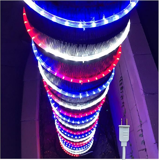 Russell Decor 40ft/12m Led Rope Lights for Patriotic 4th of July Memorial Day Decor Party Outdoor Decorative Lighting Trees Patio Deck Flexible String Tube Lights Blue Red White