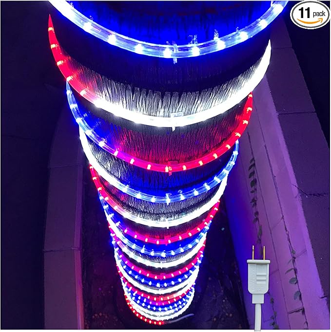 Russell Decor 20ft/6m Led Rope Lights for Patriotic 4th of July Memorial Day Decor Party Outdoor Decorative Lighting Trees Patio Deck Flexible String Tube Lights Blue Red White