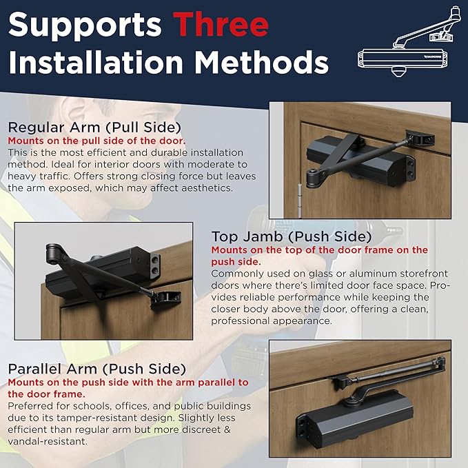 Commercial Heavy Duty Automatic Door Closer, ADA UL Grade 1 Listed Self Closing Door Hinges, Door Closers Commercial High Traffic, Auto Door Closer, Hydraulic Spring Soft Close - Black