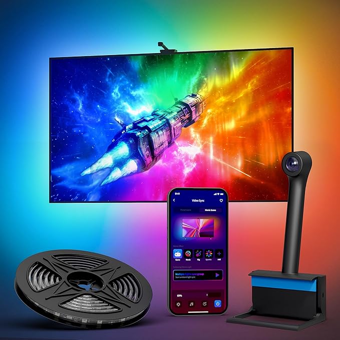 Ailofy TV LED Backlight with HD Wide-Angle Camera for 55-65 Inch TVs, Full-Screen Color Sync Lights for Gaming, Movies & Streaming, App Control, Works with Alexa & Google Assistant