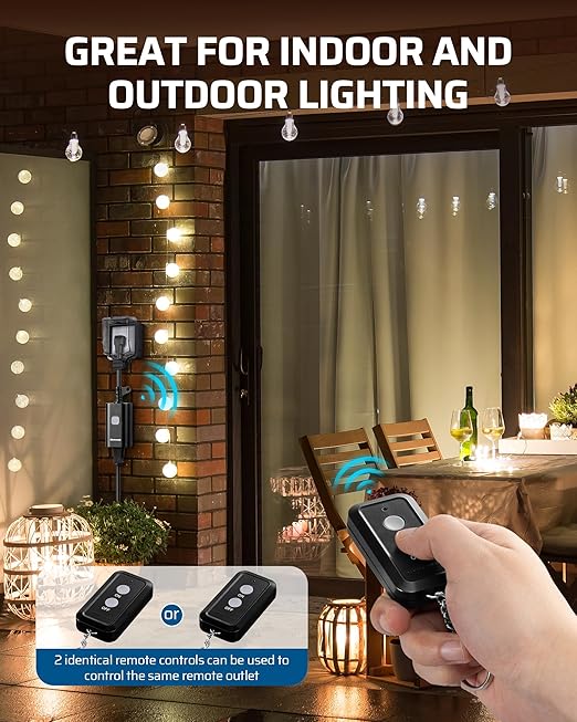 DEWENWILS Outdoor Remote Control Outlet, 15A Wireless Remote Control Switch, 100FT Control Range&14AWG SJTW Power Cord, for Lights Outdoor Appliances, 2 Remote Controls+1 Outlet
