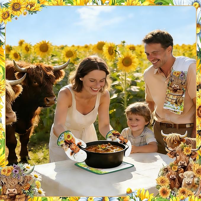 8 PCS Highland Cow Kitchen Decor and Accessories - 4 Dish Towels Set 2 Oven Mitts and Pot Holders Sets for Cooking Baking Home Sweet Home Sunflower Cattle Watercolor Farmhome Housewarming Gift