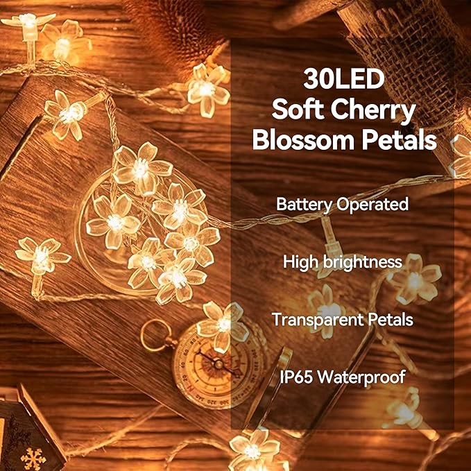 ITICdecor Flower String Lights 15 FT 30 LED Fairy Christmas Lights Battery Operated Indoor&Outdoor Twinkle Lighting Bedroom Decor for Party Wedding Xmas Tree (Warm White)