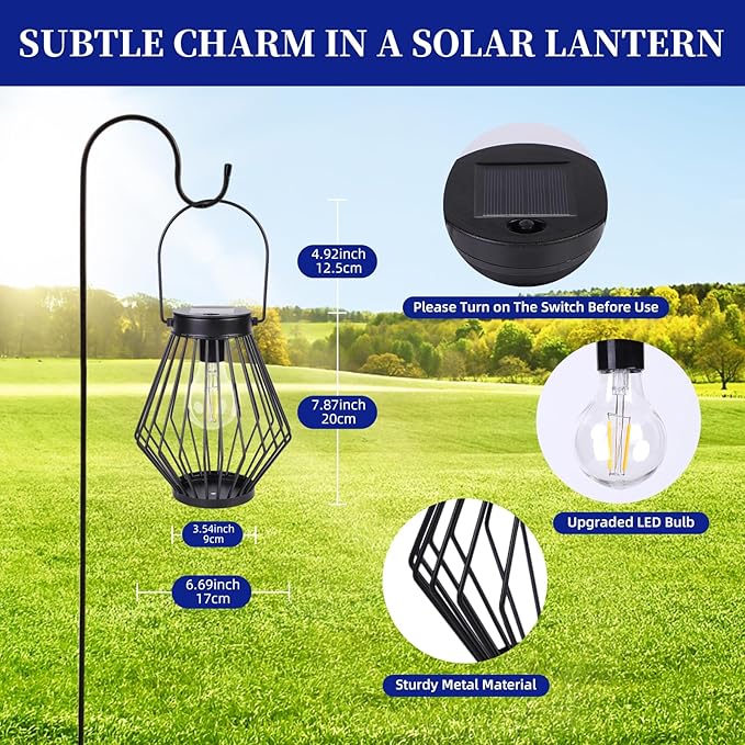 Solar Hanging Lantern Outdoor Waterproof, Metal Decorative Light with LED Bulb, Solar Powered Tabletop & Balcony Lighting – Garden Decor for Yard, Patio & Porch, Gift for Mom & Grandma