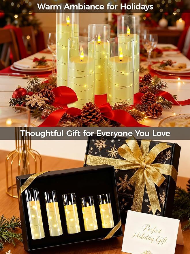 uuffoo 5 Pcs Flameless LED Candles with Timer Remote Flickering Flameless Candles with Embedded Star String, 3D Wick Acrylic Battery Operated LED Pillar Candles for Wedding Party Home Decor