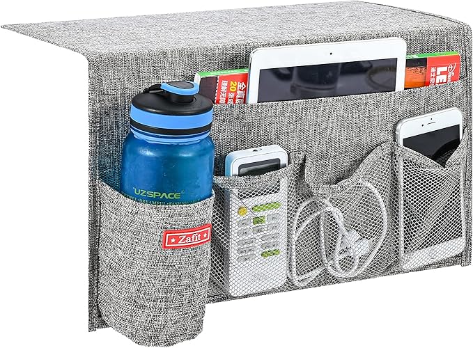 Linen 5 Pockets Bedside Caddy, Bedside Storage Organizer with Water Bottle Holder for Magazine, Remotes, Phone (Grey)