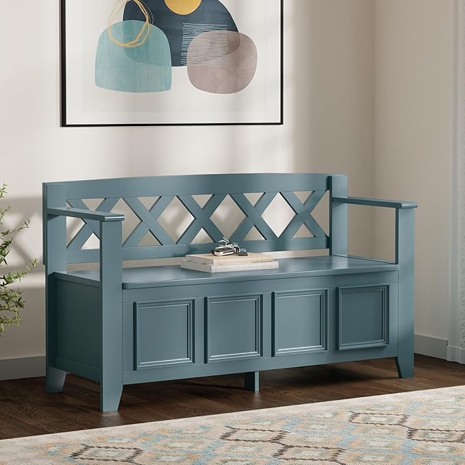 SIMPLIHOME Amherst Entryway Storage Bench - 48 inch Wide Solid Wood Hallway Seat in French Blue, Transitional Bench for Entryway or Living Room with Lift-Up Lid and Spacious Storage