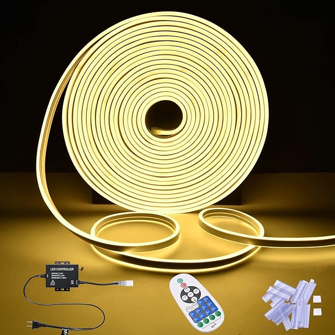 DELight AC 110-120V Waterproof IP65 Cozy 2700K Warm White 50ft Neon Rope Lights with Remote Control Dimmable Cuttable Flexible LED Strip Lights Outdoor DIY Retro Vibe DEL-D50W
