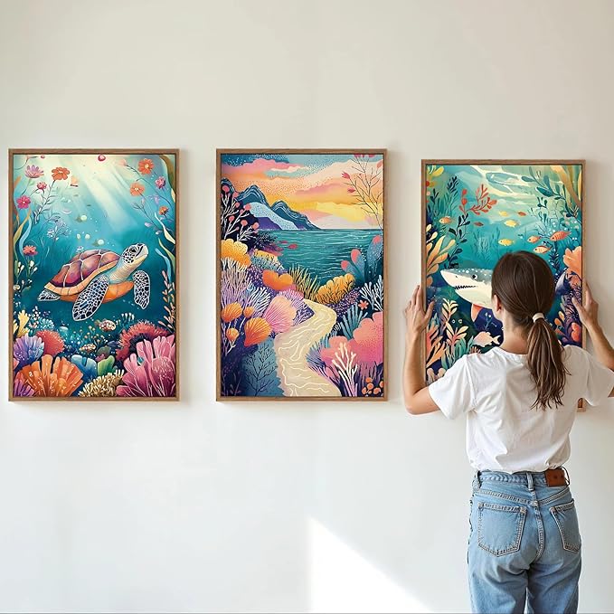 YeeHomedec Large Tropical Ocean Themed Framed Canvas Wall Art, Sea Turtle Shark Wall Decor, Coastal Nature Landscape Art Print, Marine Life Poster for Kids Nursery Classroom Playroom Bedroom 16"x24"x3