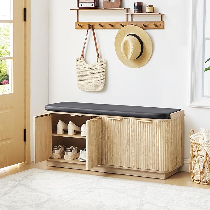 43.3''W Fluted Entryway Shoe Storage Bench with 4 Doors and Adjustable Shelf, 2-Tier Entry Bench Seat with Shoe Storage and Cushion, Shoe Cabinet Bench for End of Bed, Foyer - Natural