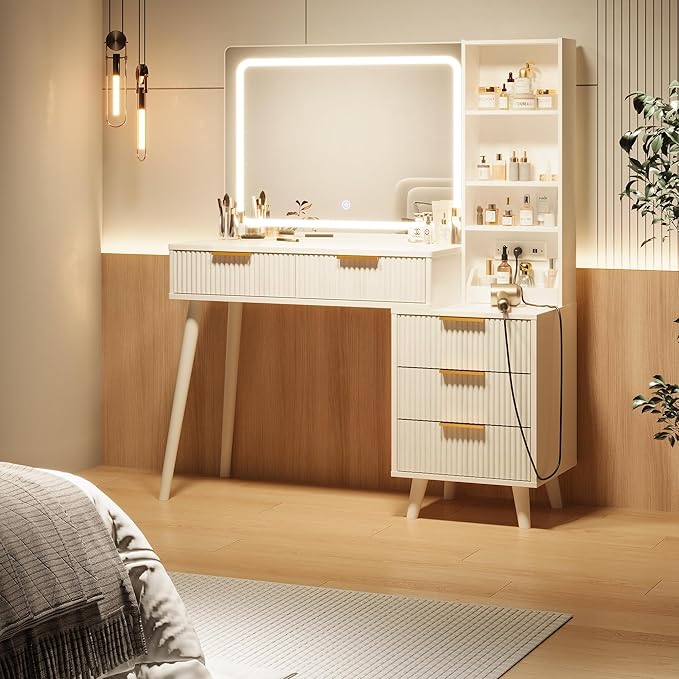 Vanity Desk with Mirror and Lights, Makeup Vanity Desk with Power Outlet, Makeup Desk with 5 Drawers&Storage Shelves, Vanity Table 3 Color Adjustable Brightness Dressing Table Set for Bedroom White
