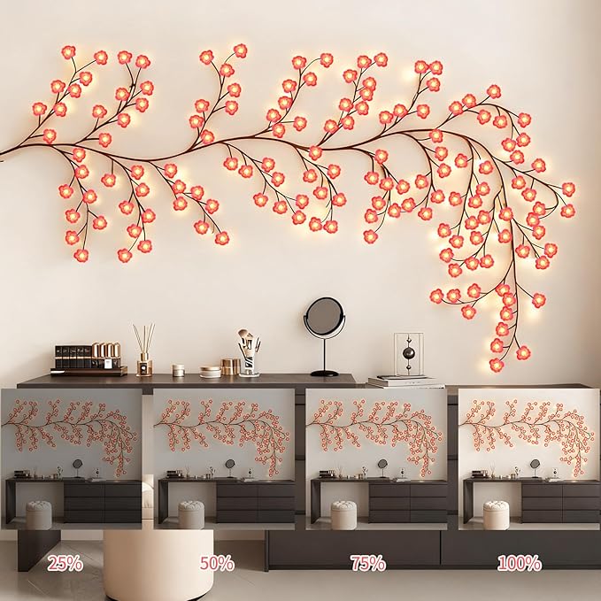 Cherry Enchanted Willow Vine Lights, 4FT 48LED 1PCS Pink Cherry Blossom Tree Branch Lights for Wall, Remote Timer,8 Light Model,Bedroom Wall Doors Wedding, Christmas, USB Battery Box