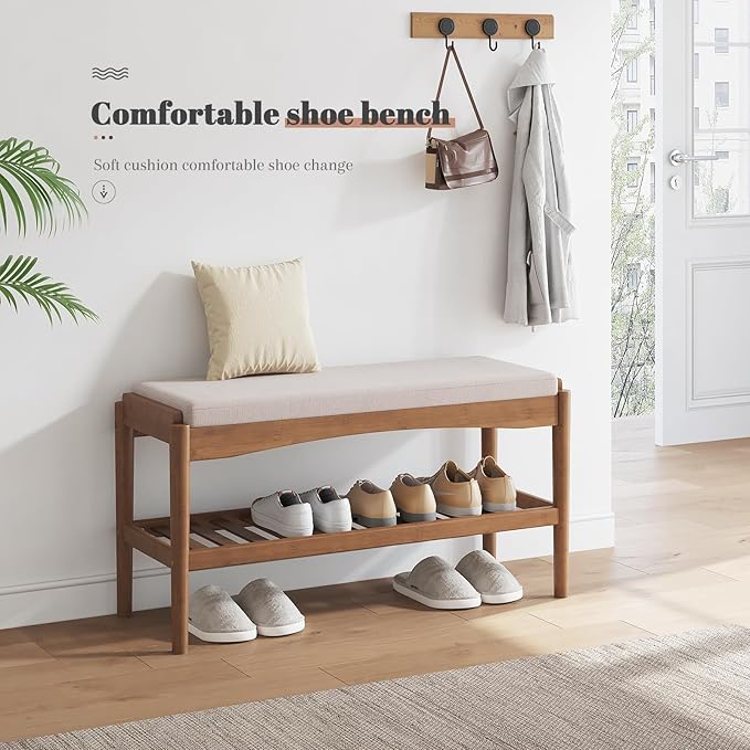 Shoe Bench Entryway Bamboo 2-Tier Shoe Rack with Cushion Padded Seat Shoe Bench Organizer Stable for Entry, Hallway, Living Room, Bedroom, Closet (31.5 * 11.4 * 16.5IN, Brown-Beige)