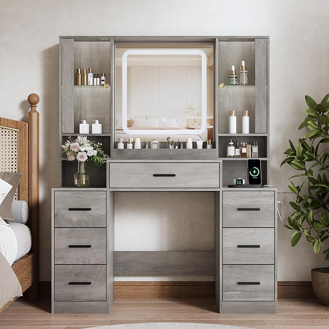 Vanity Desk with Mirror and Lights, Makeup Vanity with 7 Drawers, 2 Glass Door Cabinets, Charging Station, Adjustable Shelves, RGB Lighting, Hair Dryer Holder