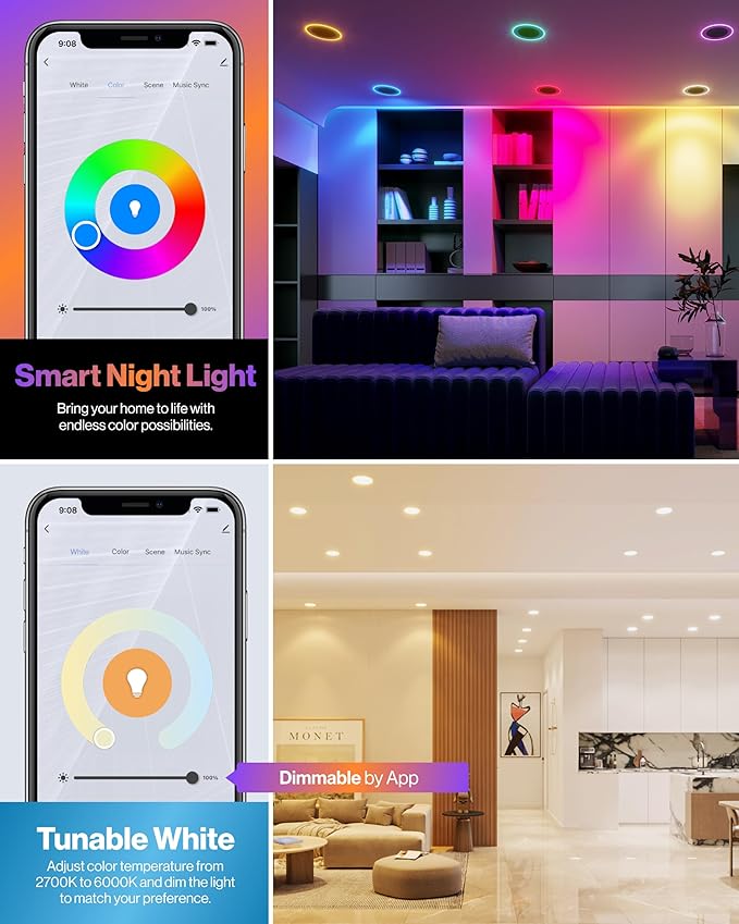 Sunco 4 Pack 6 Inch Smart Ultra Thin LED Recessed Ceiling Lights with Night Light, Tunable CCT 2700K to 6000K, Dimmable, 15W, Smooth Trim, Canless with Junction Box