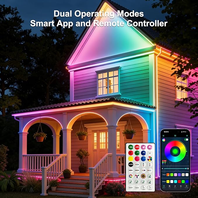 Smart Solar Led Strip Lights Outdoor, 16.4ft RGBICW Solar Rope Lights Self-Adhesive Waterproof with Remote Timer and Auto On/Off, Perfect for Deck, Patio, Poolside, Camping Decor