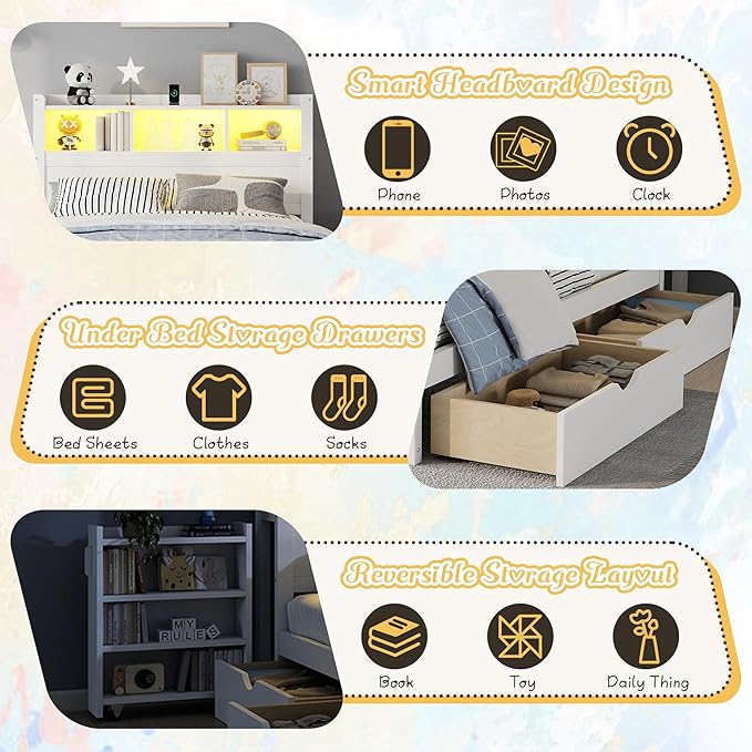 Kids Full Bed Frame with Drawers & Storage Headboard, Solid Wood Platform Bed with Pull-Out Cabinet, Built-in LED Light & Charging Station, No Box Spring Needed, White