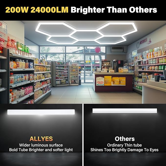 ALLYES Hexagon LED Garage Lights, 24000LM 5000K 200W Honeycomb LED Ceiling, Upgraded Wider Size Light Tube, Hex Shop Lights for Car Detailing Shop Office Gym Barber