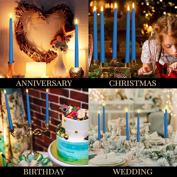 Macarrie 24 Packs Flameless Taper Candles Battery Operated Fake 11 Inch Long Candlelight LED Flameless Candlesticks Flickering Tapered for Spring Summer Wedding(Blue)