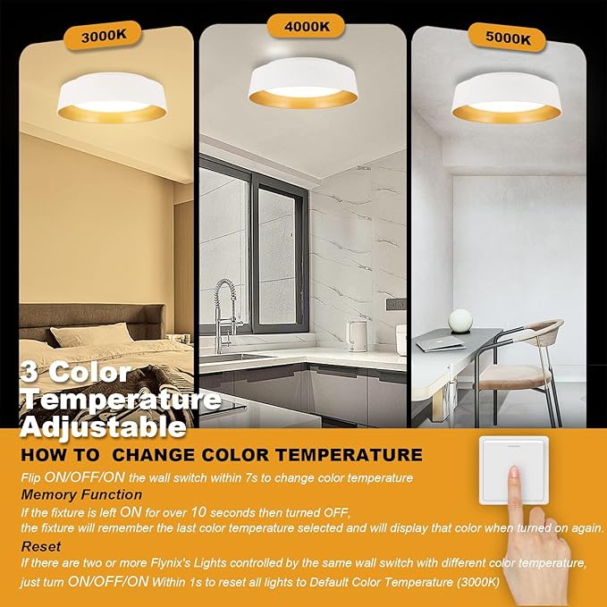 12.5 Inch LED Flush Mount Ceiling Light Fixture, 26W, Super Bright 1350 Lumen, 3 Color 3000K/4000K/5000K, Matt White with Gold Inside, Dimmable Ceiling Lamp for Bedroom Hallway Bathroom Outdoor