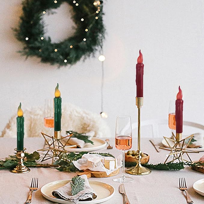 Christmas Red Green Flameless Short Taper Candles, Real Wax Hand Dipped LED Battery Operated with Remote, Flickering Flame Lights for Home Décor, 6.7 Inch Primitive Flameless Candles, 2PCS