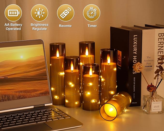 Enido Flameless LED Candles with Remote & Timer, Battery Operated Acrylic Pillar Set, 10 Pc Flickering Electric Lights with Embedded Star String for Cozy Home & Holiday Romantic Decor (Matte Grey)