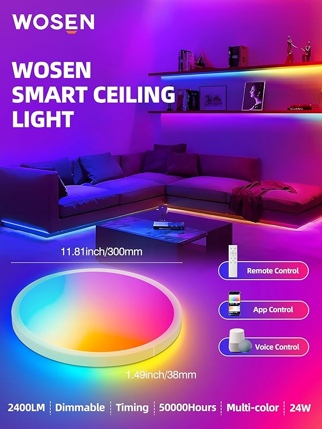 2 Pack 12 Inch Smart Ceiling Light Fixture, RGB LED Flush Mount Ceiling Light with Night Light, 24W 2400LM Ultra-Slim Ceiling Light with Remote, 16 Million DIY Colors, Works with Alexa/Google Home