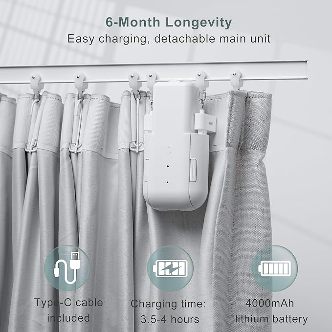 Automatic Curtain Opener Electric: Smart Remote Control Closer｜Long-Lasting Battery/Type-C｜No Drill for 8-40mm Roman Rods/T-Tracks & U-Rails｜Quiet Motor Robot for Bedroom/living room