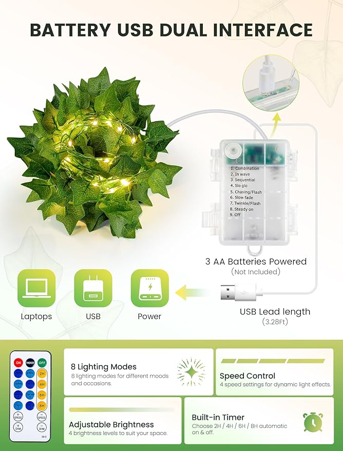 woohaha Vine with Fairy Lights,23ft 73LED Ivy String Light USB/Battery Operated with with Remote,Leaf Light for Bedroom, Room, Wall, Garden, Party, Wedding Decor (Warm White)