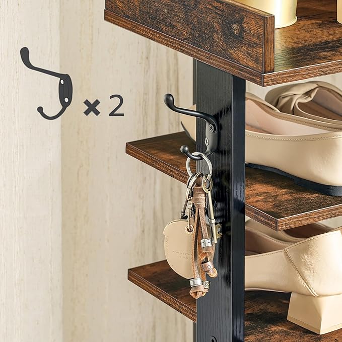 HOOBRO Vertical Shoe Rack for Front Door Entryway, 7 Tier Wooden Shoe Storage Organizer with Hooks, Narrow Shoe Tower for 7 Pairs, Space Saving, for Corner, Closet, Bedroom, Rustic Brown BF61XJ01