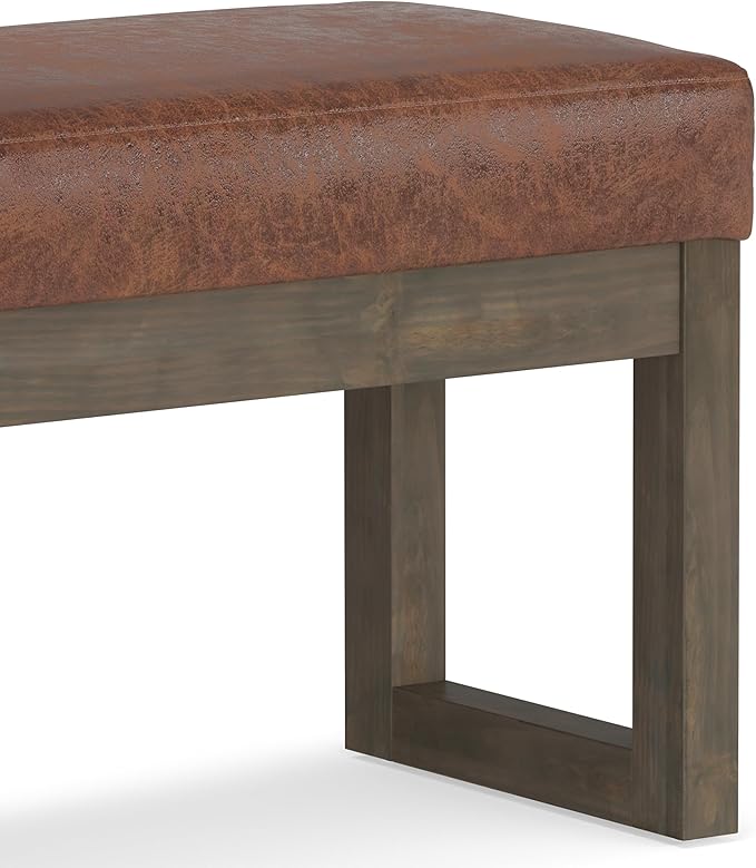 SIMPLIHOME Milltown Small Ottoman Bench - 27 inch Wide Upholstered Vegan Leather Rectangle Footstool Ottoman in Distressed Saddle Brown, Contemporary Bench for Bedroom with Cushioned Seat, Assembled