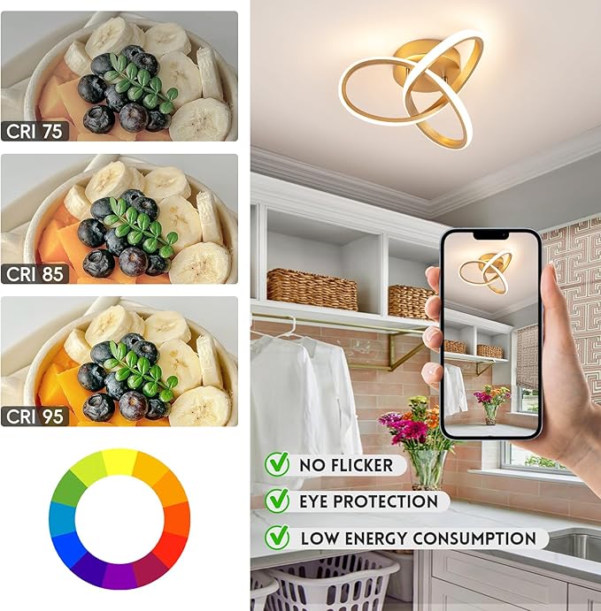 Gold Hallway Ceiling Light Fixtures 3000K-6000K Dimmable LED Ceiling Light with Remote Control Modern Flush Mount Ceiling Lights for Bedroom Bathroom Kitchen Balcony Stair Aisle Ceiling Lamp (Gold)