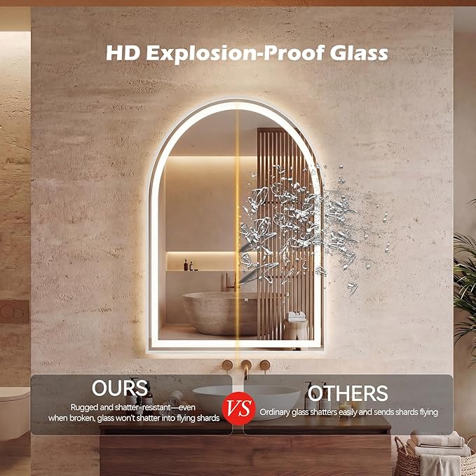 Sweetcrispy 20"×28" LED Bathroom Mirror with Lights, Arched Vanity Mirror with Anti-Fog, Dimmable, 3-Color Light, Memory Function, Tempered Glass