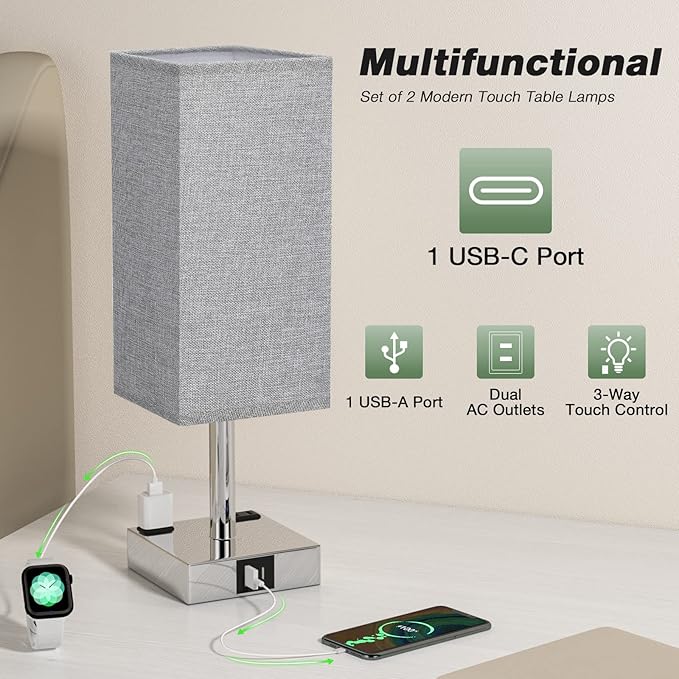 aooshine Gray Set of 2 Touch Lamps with USB Port Nightstand Lamp with USB-C+A Charge Ports & AC Outlets, 3-Way Dimmable Bedside Lamp, Small for Bedroom Living Room (Bulb Included)