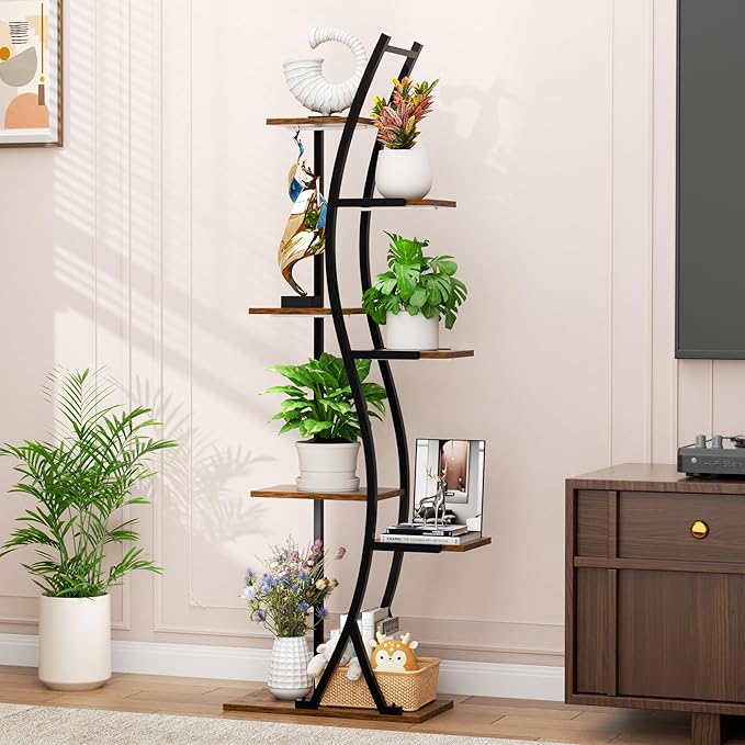 62" Plant Stand Indoor with Grow Lights - 7 Tiered Tall Metal Plant Shelf - Corner Wooden Plant Stand for Indoor Plants Multiple, Large S-Shape Flower Rack Holder for Living Room, Garden, Patio Decor