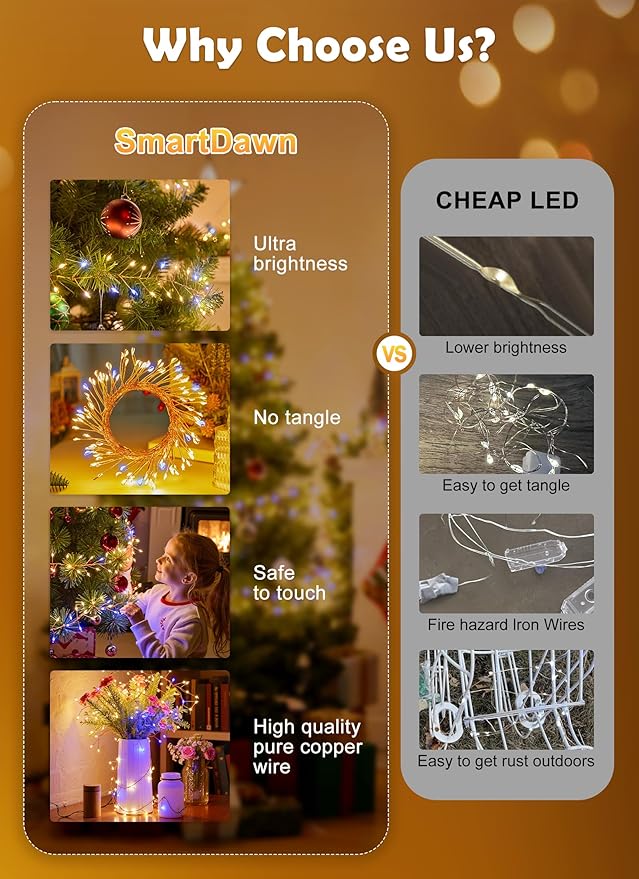 Fairy Lights Plug in, 10ft 200LED Indoor/Outdoor Cluster String Lights - Twinkle Copper Wire Christmas Tree Lights Waterproof for Bedroom Decor, Party, Patio, Garden，2pack