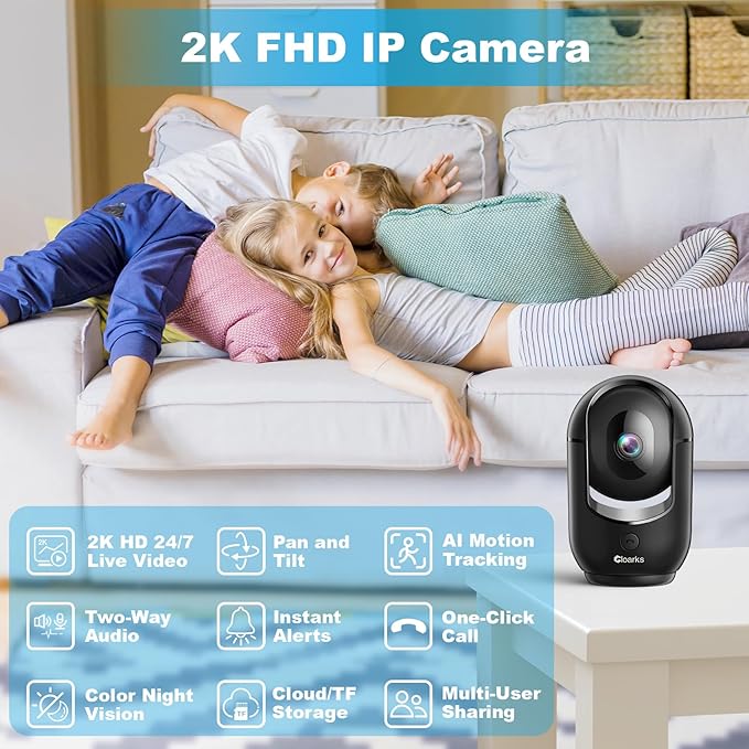 2K Pan/Tilt Security Camera, WiFi Indoor Cameras for Home Security with AI Motion Detection, Pet/Dog/Baby Camera with Phone App, 2-Way Audio, 24/7, Siren, TF/Cloud Storage，Black