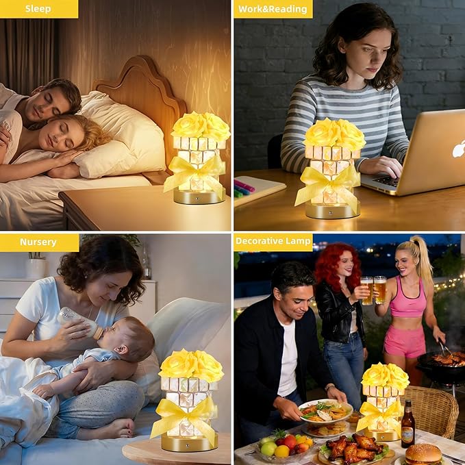 Rose Flower Lamp,Rechargeable Cordless Touch Table Lamp for Bedroom,3-Colour Dimming Flowers Night Light,Crystal Bedside Lamps with USB Charge,Birthday Valentine's Day Gifts for Women,Mom,Wife,Her