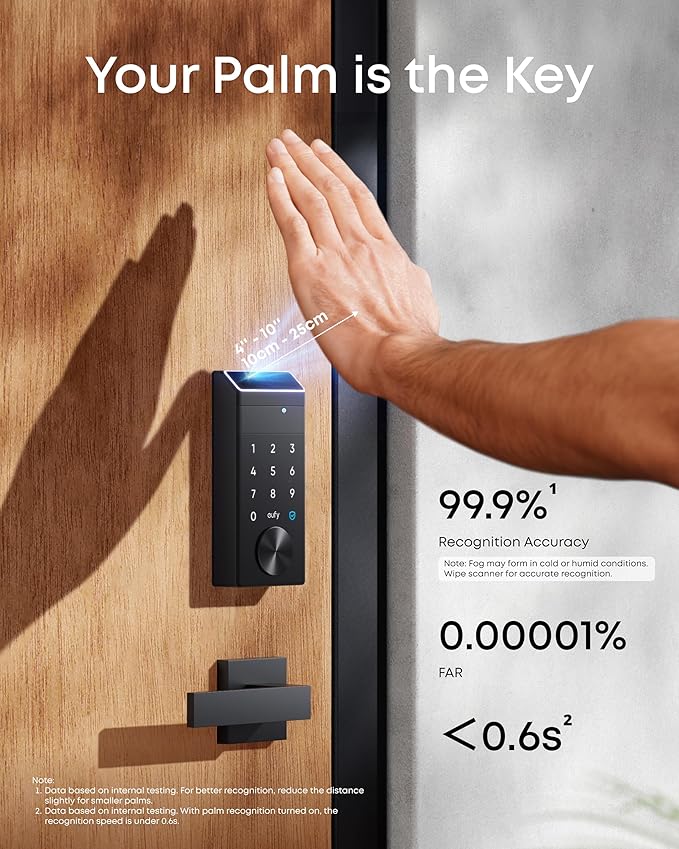 eufy Security Smart Lock FamiLock E34 with Palm Vein Recognition, Keyless Entry Door Lock for Front Door, Wi-Fi Keypad Deadbolt, ANSI/BHMA Grade 1, Auto Lock, IP65 Waterproof, No Monthly Fee