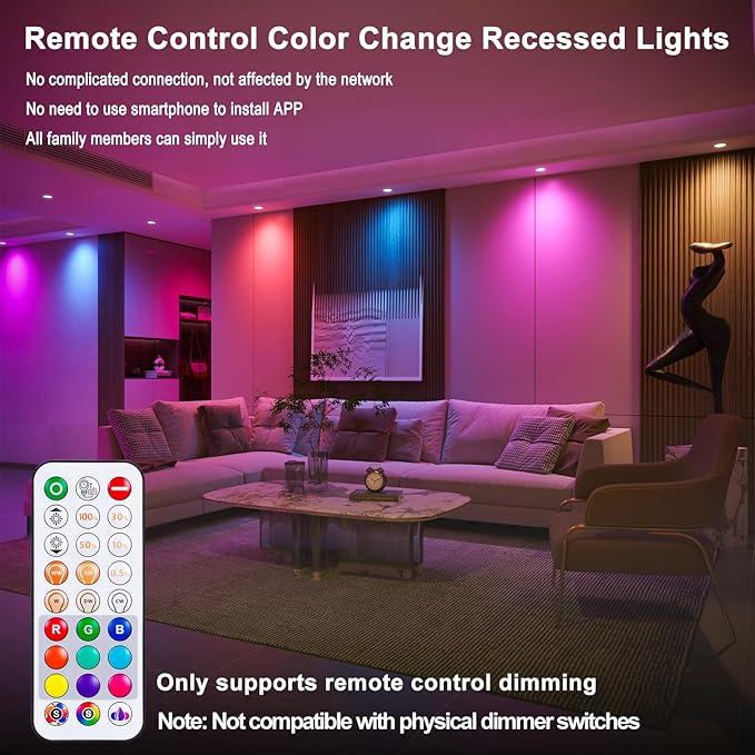 Recessed Lighting 4 Inch RGBCW Color Changing Canless LED Recessed Ceiling Light with Junction Box,12W 1080LM LED Downlight Dimmable by Remote Control, Memory, 3 Modes, Delayed Light Off, 12Pack