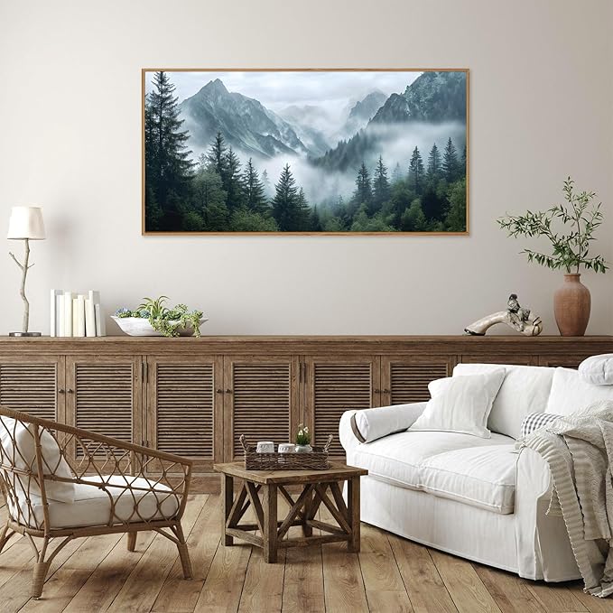 YeeHomedec Large Mountain Framed Canvas Wall Art, Modern Calming Forest Wall Decor, Misty Nature Mountains Art Painting, Wooden Pine Trees Artwork for Living Room Bedroom Farmhouse 20"x40"