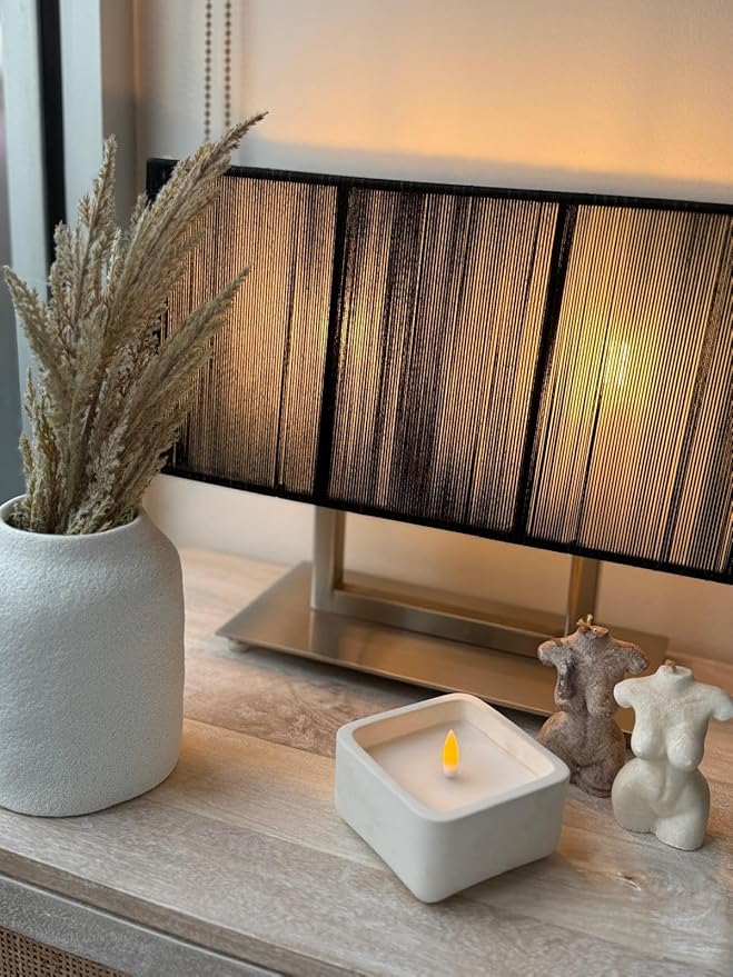 Square Flameless Candles (Ivory) - LED Flickering Fake Candles - Made of Real Wax in a Cement Base - an Ideal Gift.