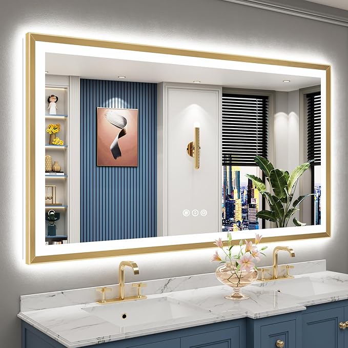 66x36 Gold Beveled LED Bathroom Mirror with Lights, Brushed Gold Framed Backlit and Front Lit Anti-Fog Lighted Vanity Mirrors for Bathroom Wall, Dimmable, 3 Colors, Memory, HD Tempered Glass