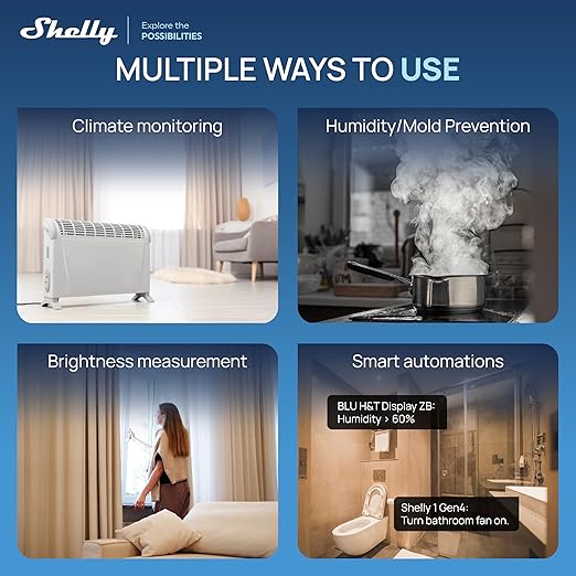 Shelly BLU H&T Display ZB Black, Bluetooth & Zigbee Operated Temperature & Humidity Levels Sensor, E-Paper Display, Home Assistant, Alexa, Google Home, Real-Time Monitoring, Long-Life Battery