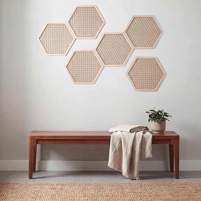 Ripeng 6 Pcs 11.8 Inch Boho Hexagon Wall Decor Farmhouse Wood Earthy Hexagon Wall Panels Modern Hollow Carved Design Rustic Abstract Decor for Living Room Kitchen Bedroom (Hollowed Style)