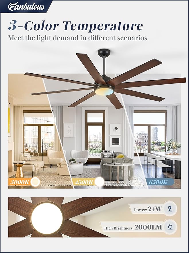 Fanbulous 65 Inch Ceiling Fans with Lights and Remote, Black and Wood Grain Indoor/Outdoor Ceiling Fan with Quiet Reversible DC Motor, 3CCT, 6 Speeds, Large Ceiling Fan for Living Room Bedroom