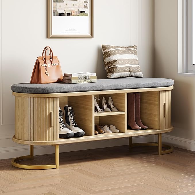47.2'' Entryway Storage Bench Seat with Sliding Door, Large Shoe Bench with Sturdy Metal Feet & Soft Cushion, Multi-Scene Use for Entrance, Bedroom & Living Room（Oak）