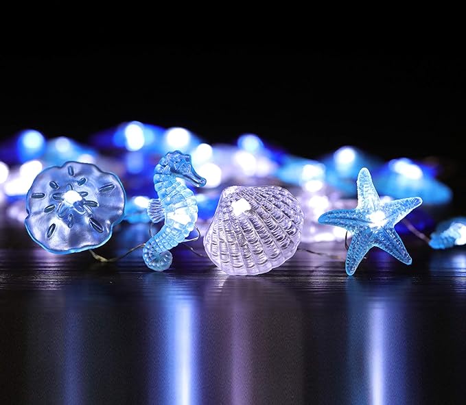 Coastal String Lights, 17.5 Ft 36 Cold White LED Beach Decorative String Lights Seashell Seahorse Starfish Sand Dollars Fairy Lights for Bedroom Party Indoor Outdoor Decorations