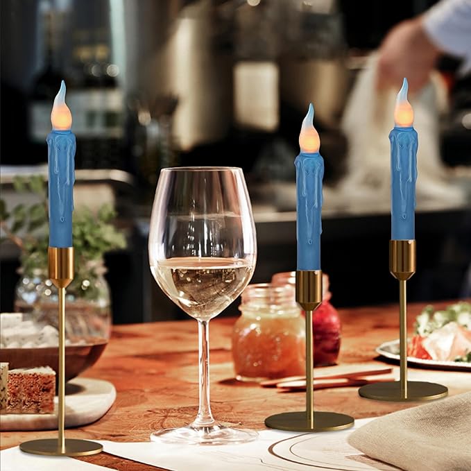 Dark Blue Flameless Short Taper Candles, Real Wax Hand Dipped LED Battery Operated with Remote, Flickering Flame Lights for Festival Party Home Décor, 6.7 Inch Primitive Flameless Candles, 2PCS